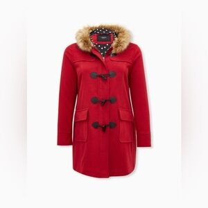 Red Torrid Toggle Coat with Polka Dot Lining